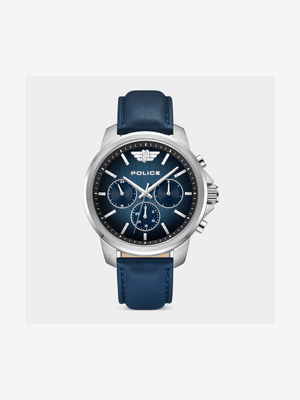 Police Mensor Stainless Steel Navy Leather Watch
