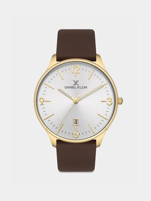 Daniel Klein Gold Plated White Dial Brown Leather Watch