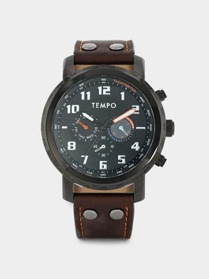 Tempo Timepiece Collection Black Plated Black Dial Multi Dial Brown Leather Watch