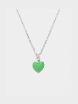 Rhodium Plated Brass Chain with Green Enamel Heart Pendant