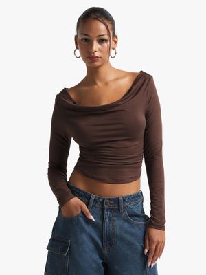 Women's Chocolate Brown Bardot Top With Long Sleeves