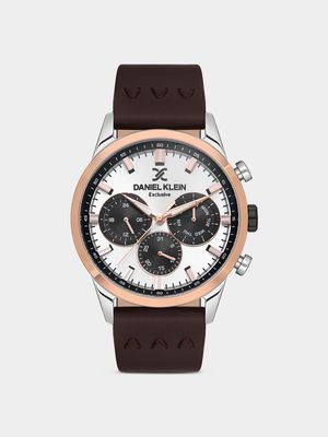 Daniel Klein Silver & Rose Plated Brown Leather Chronographic Watch