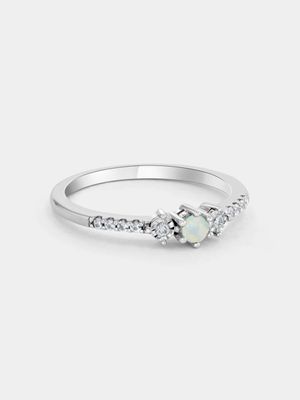 Sterling Silver Diamond & Created Opal Yesterday, Today & Forever Ring