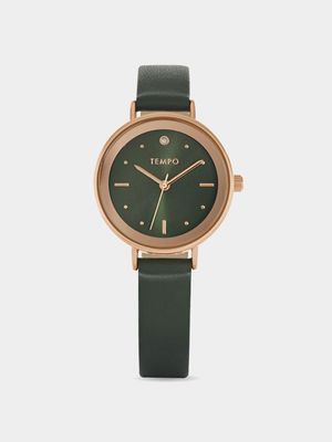 Tempo Ladies Rose Toned and Green Leather Watch