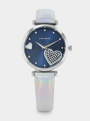 Minx Silver Plated Blue Heart Dial Silver Faux Leather Watch