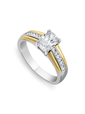Yellow Gold & Sterling Silver Cubic Zirconia Cushion Solitaire Ring
