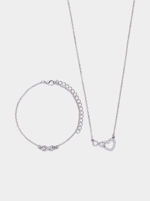 Women's Silver Infinity Heart Necklace & Bracelet Set