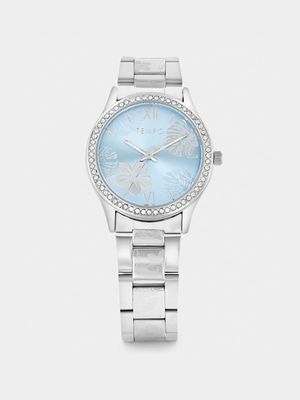 Tempo Silver Plated Blue Flower Dial Bracelet Watch