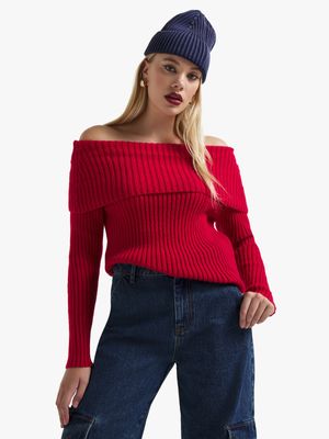 Women's Red Knit Bardot Top