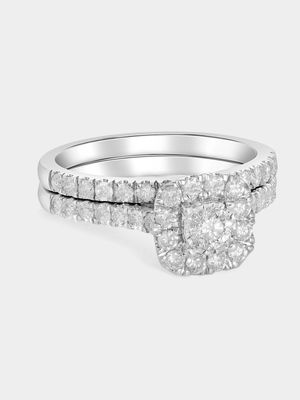 White Gold 0.96ct Diamond Solitaire Cushion Halo Twinset Ring