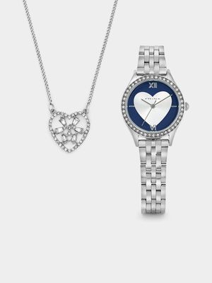 Minx Silver Plated Blue Heart Bracelet Watch & Pendant Gift Set