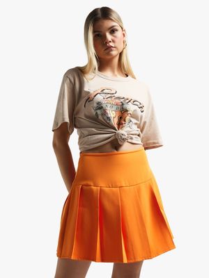 Women's Orange Pleated Mini Skirt