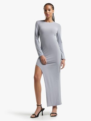 Women's Grey Slinky Knit Midi Dress With Side Cutout Slit