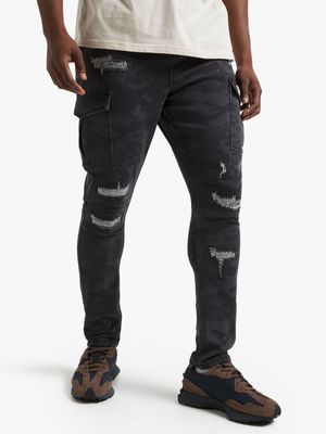 Men's Camo Dark Wash Cargo Tapered Denim Jeans