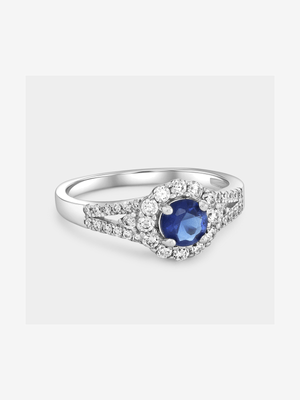 Sterling Silver Blue Cubic Zirconia Petal Halo Ring