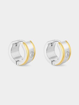 Stainless Steel 2-Tone Cubic Zirconia Matt Huggie Earrings