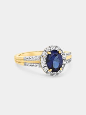 Yellow Gold Diamond & Created Blue Sapphire Oval Halo Ring