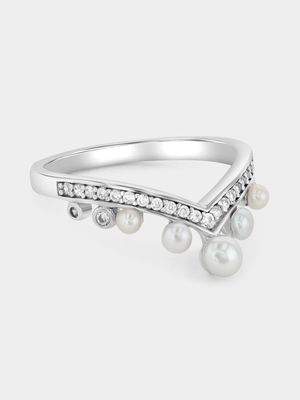 Sterling Silver Freshwater Pearl Cubic Zirconia Tiara Ring