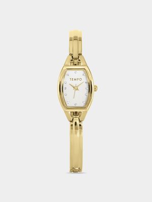 Tempo Woman's Silver Dial Gold Toned Tonneau Shape Bangle Watch