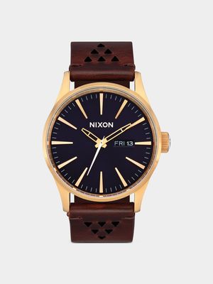 Nixon Men's Sentry Leather Gold Plated, Indigo & Brown Stainless Steel Watch