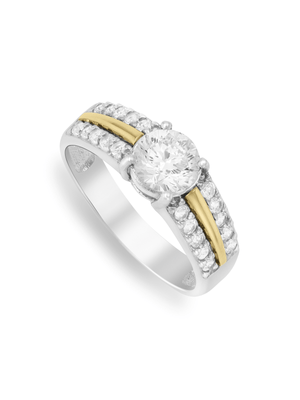 Yellow Gold & Sterling Silver Cubic Zirconia Woman's Halo Ring