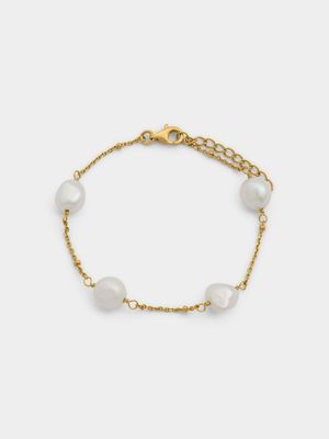 Gold Plated Sterling Silver Baroque Freshwater Pearl Station Women’s Bracelet