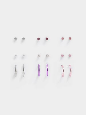 Girl's Silver Pastel 9-Pack Stud & Hoop Earrings