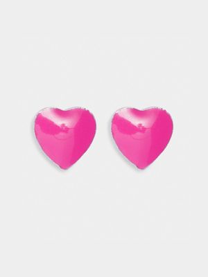 Rhodium Plated Brass & Pink Enamel Heart Stud Earr