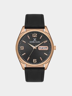 Daniel Klein Rose Plated Black Dial Black Leather Watch