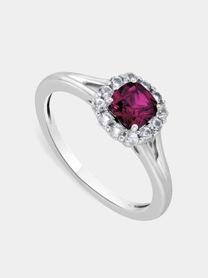 Sterling Silver Diamond & Created Ruby Cushion Halo Ring