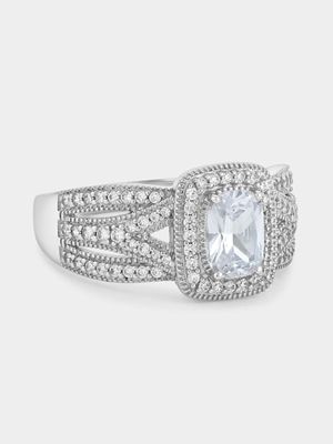 Cheté Sterling Silver Cubic Zirconia Emerald-Cut Halo Ring