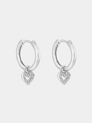 Sterling Silver Cubic Zirconia Heart Dangle Hoop Earrings