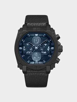 Police Norwood Black Plated Blue Dial Black Leather Chronograph Watch