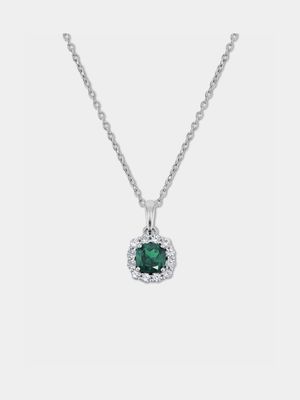 Sterling Silver Diamond & Created Emerald Cushion Halo Pendant