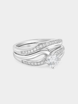Sterling Silver Cubic Zirconia Solitaire Wave Twinset Ring