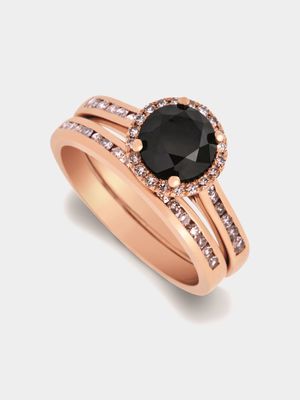 Rose Gold Black Diamond Women's Halo Channel-Set Twinset Ring