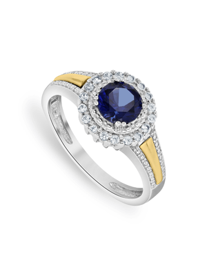 Yellow Gold & Sterling Silver Diamond & Created Blue Sapphire Round Ring