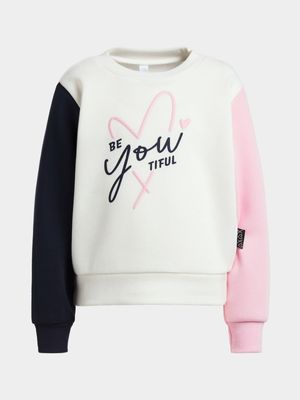 Younger Girl's Navy & Pink Colour Block Graphic Print Sweat Top