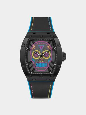 Guess Men’s Cartin Black Plated Stainless Steel Skull Dial Silicone Watch