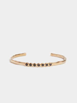18ct Gold Plated Organic Gold Cuff Bangle with Black Spinel Stone Detail