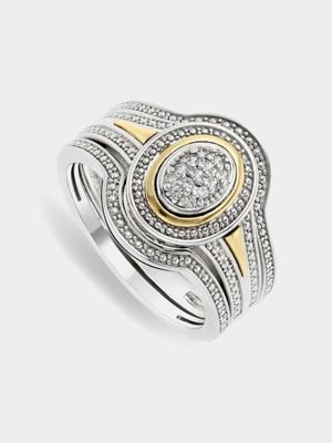 Yellow Gold & Sterling Silver Diamond & Created White Sapphire Oval Triple Set Ring