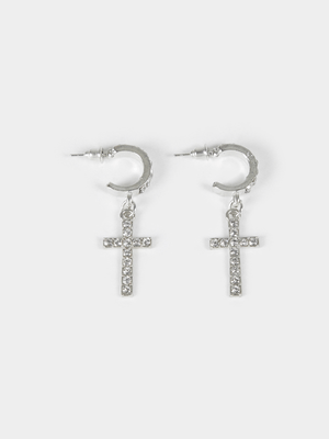 Women's Silver Mini Diamante Cross Earrings