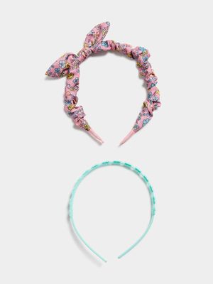 Girl's Pink Floral & Green 2-Pack Alice Bands