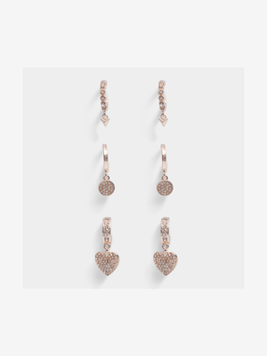 3 Pack Diamante Heart Earrings - Jewellery