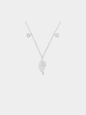 Rhodium Plated Wing & Stone Charm Necklace