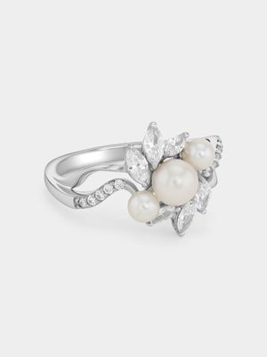 Cheté Sterling Silver Cubic Zirconia Freshwater Pearl Marquise Trilogy Ring