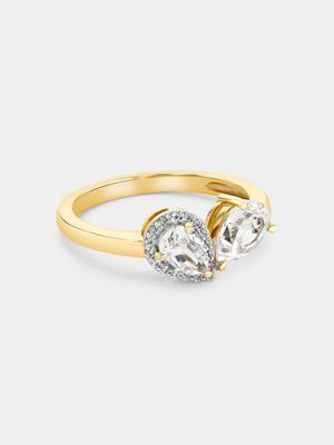 Yellow Gold Diamond & Created Sapphire Pear Duo Ring