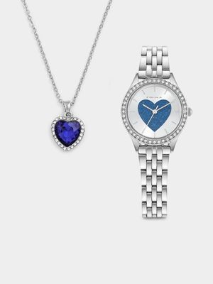 Minx Silver Plated Blue Glitter Heart Bracelet Watch & Pendant Gift Set