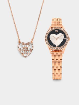 Minx Rose Plated Black Heart Bracelet Watch & Pendant Gift Set