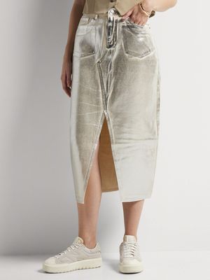News Denim Metallic Midi Skirt